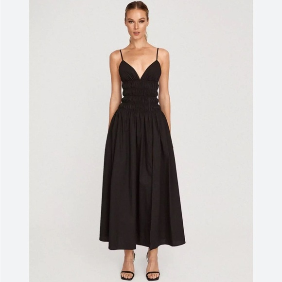 Sau Lee Brielle Midi Dress Black 100% Cotton Smock Waist V-Neck Back Zipper Sz 8 - Picture 1 of 12